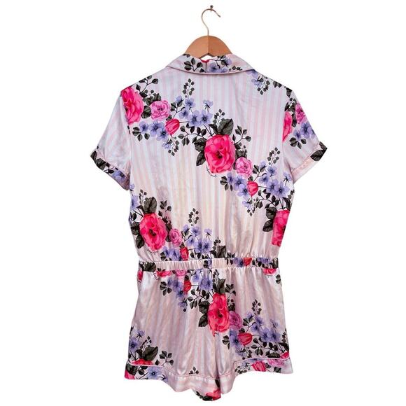 Victoria’s Secret Satin Floral Pink Striped Pajama Romper Shorts Size M - Picture 3 of 5